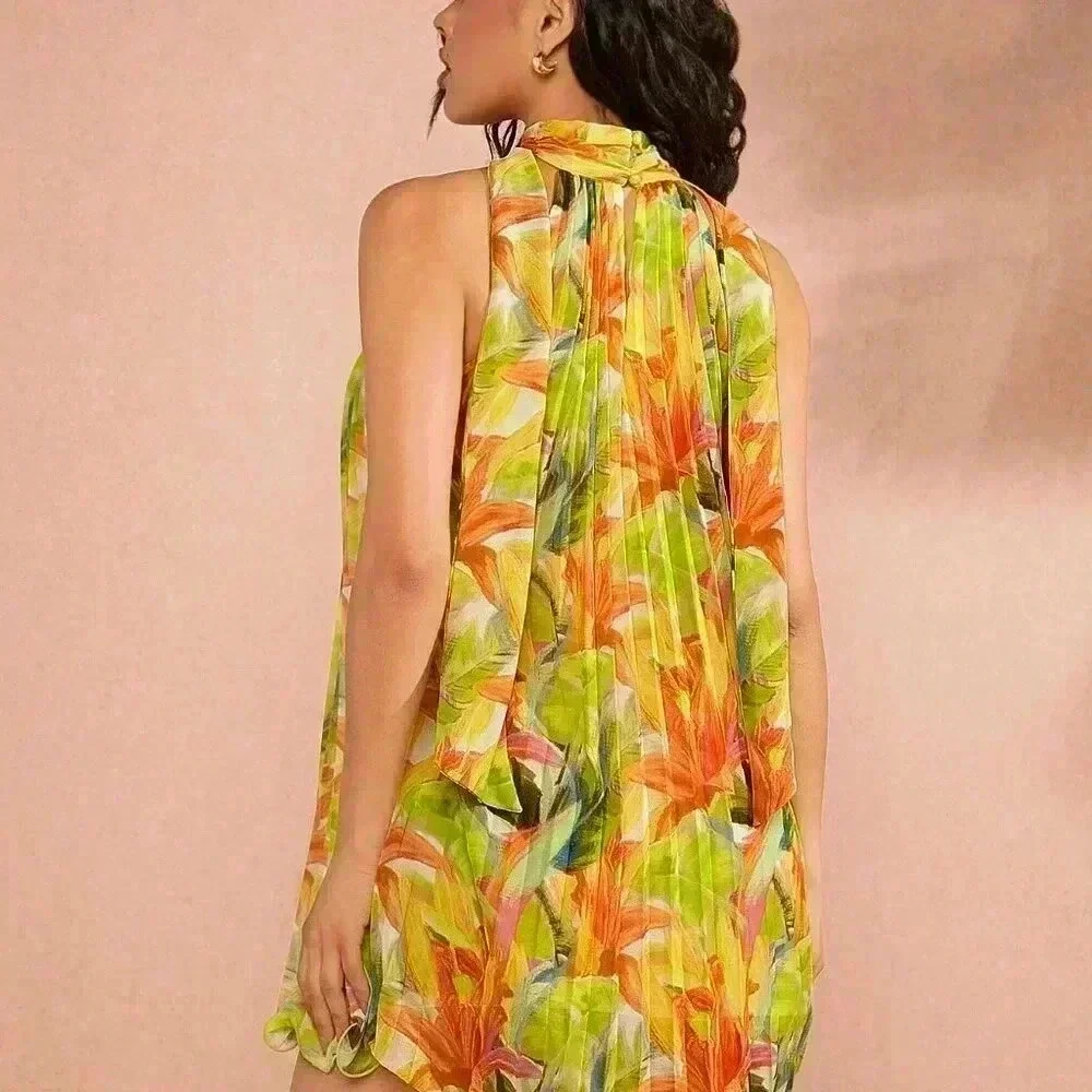 Multicolor Boho Women's Tropical Pleated Neck Detail Dress - Picture 2 of 6